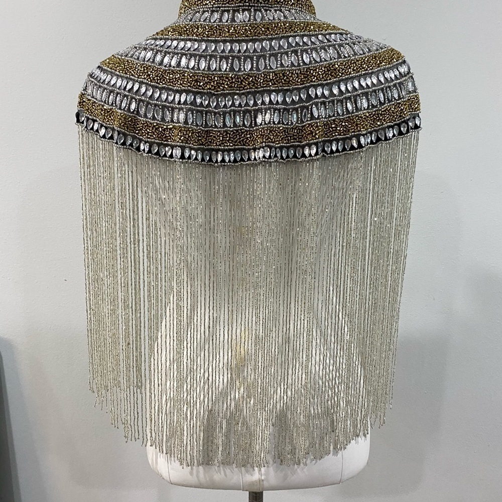 Silver and Gold Hand Beaded and Stoned Fringe Cape - Picture 3 of 6
